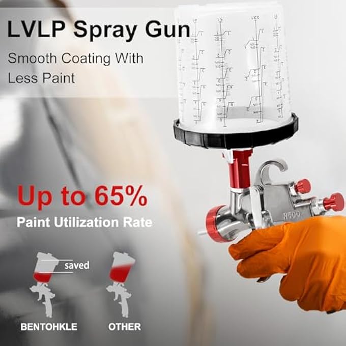 BENTOHKLE R500 LVLP AIR SPRAY GUN WITH 10PCS 650ML DISPOSABLE CUPS 1.3/1.5/1.7/2.0MM NOZZLES, AUTOMOTIVE PAINT GUNS R500 PAINT GUN SPRAYER FOR HOUSE PAINTING, CAR, FURNITURE - Image 5